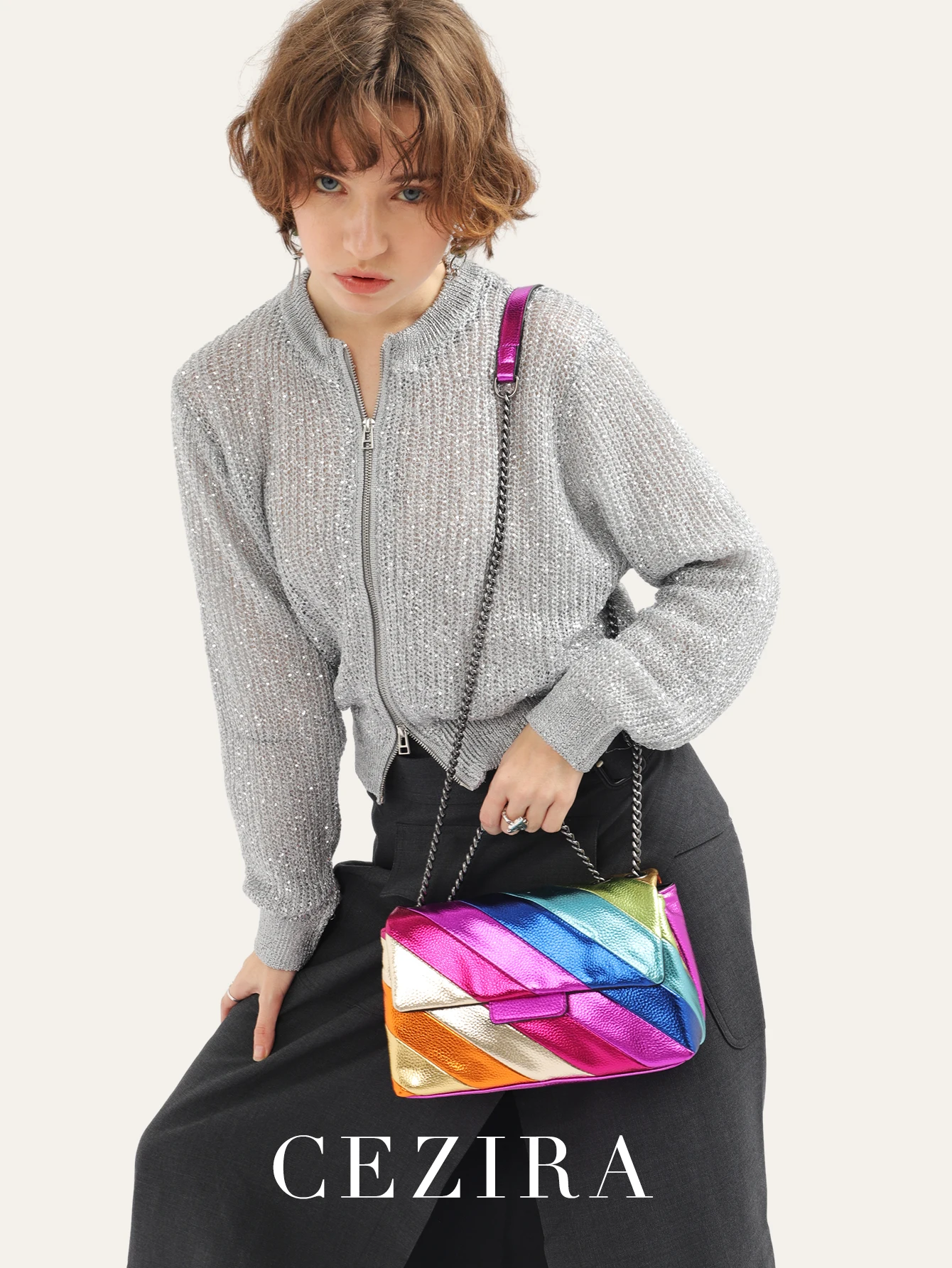 

CEZIRA Women Fashion Funky Metallic Colorful Stripes Handbags PU Leather Square Magnetic Flap Long Chain Cross Body Shoulder Bag