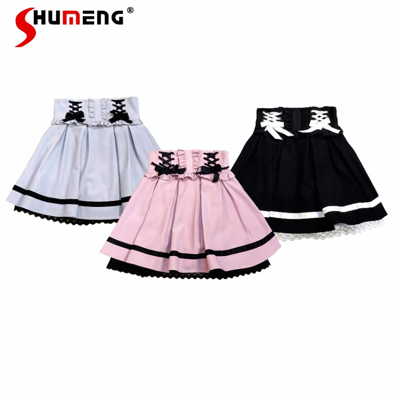 

Japanese Lolita High Waist Bow Bandage Double-Layer Lace Mine Series Ball Gown Mini Skirt Have 3 Colors To Choose Women Clothing