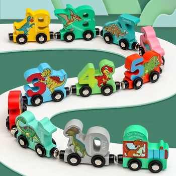 Bonito Trem de Brinquedo de Madeira em Miniatura para Casa de Bonecas: Uma Adição Encantadora para o Mundo Encantado 15 Wooden Toy Magnetic Dinosaur Train Set 11Pc Number Learning Cars With Numbers Education Dinosaur Car Toys For Kid 3-5 Montessori