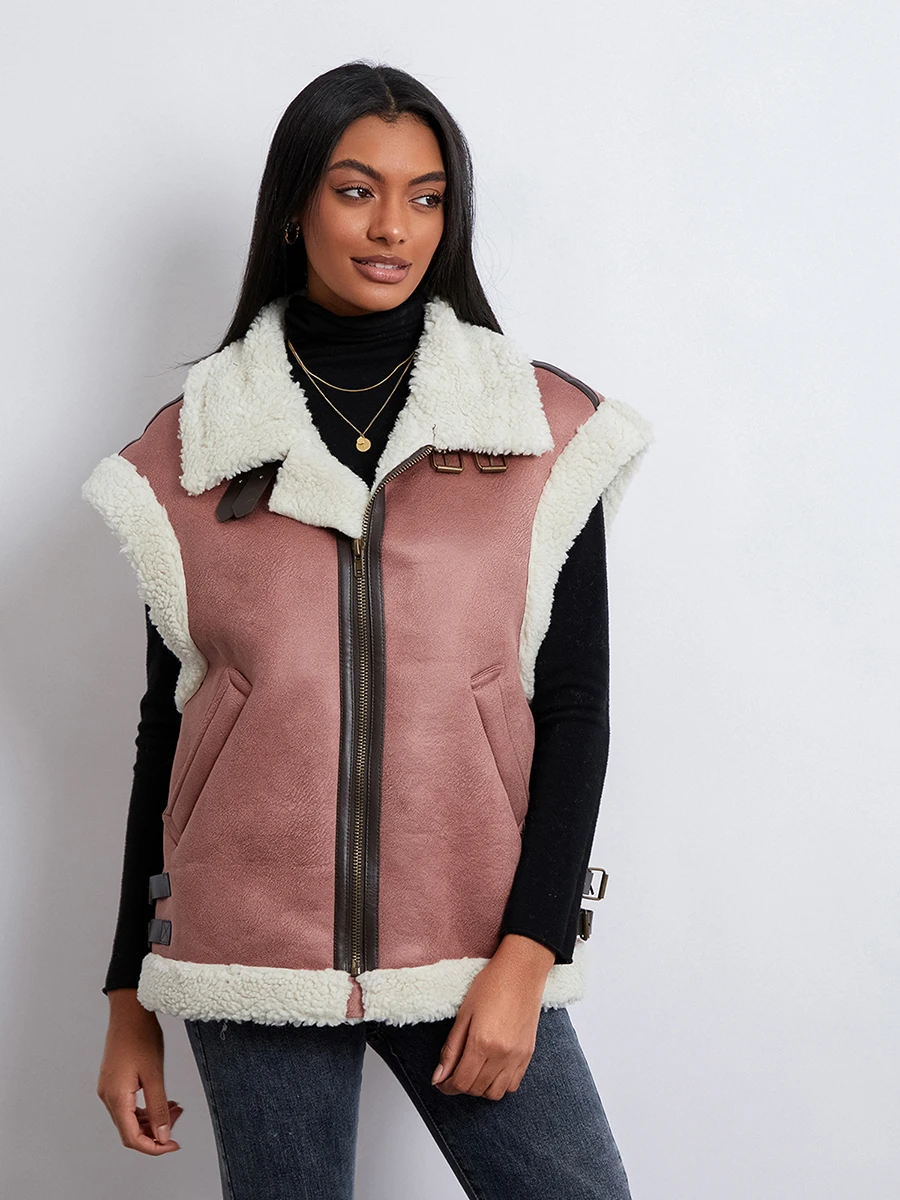 

Women Suede Sherpa Vest Sleeveless Sherpa Fleece Jacket Warm Shearling Lined Waistcoat with Pockets Fall Outwear