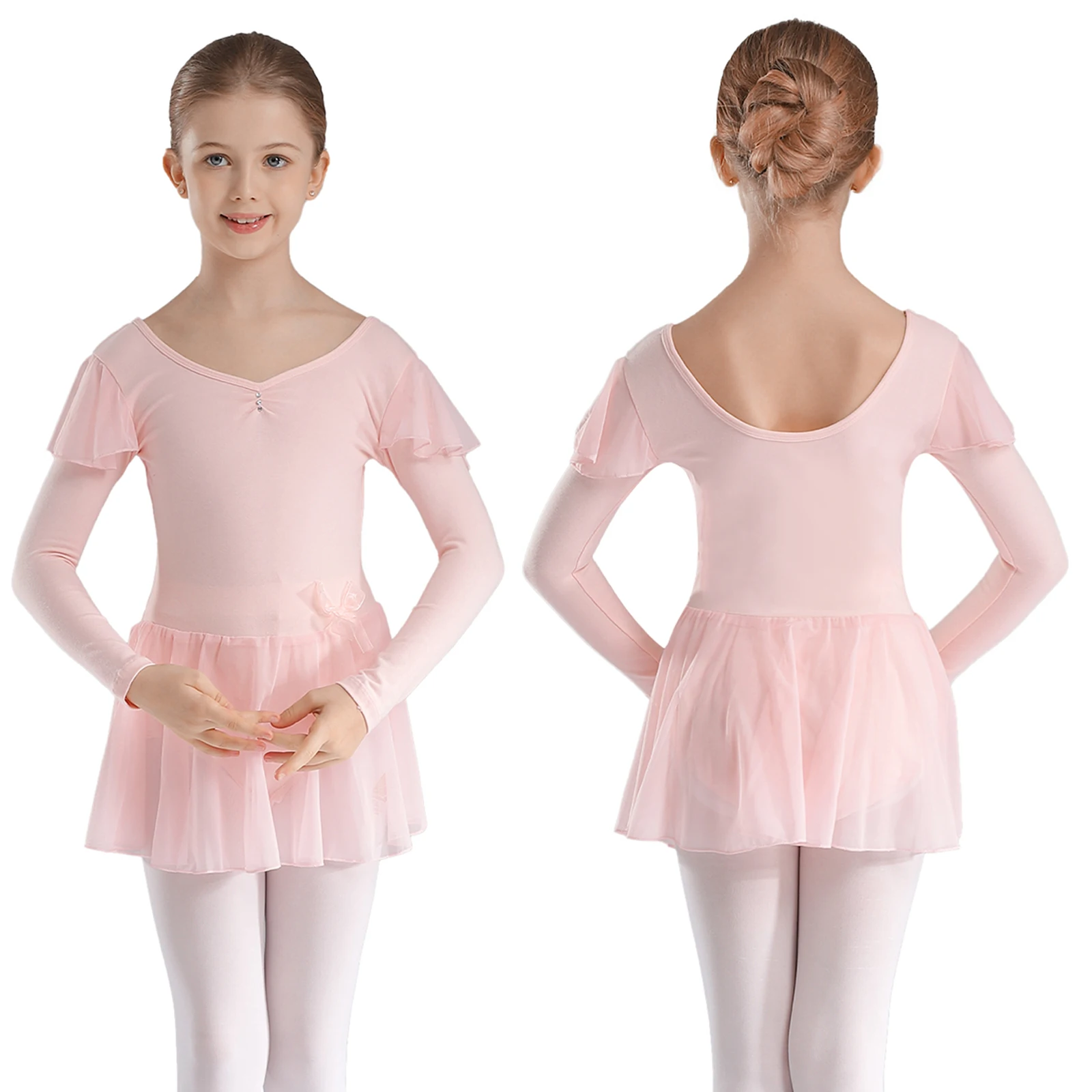 

Ballet Dress Gymnastics Leotards for Kids Girls Cotton Mesh Patchwork Ruffled Long Sleeve Leotard Dancewear Performance Costumes