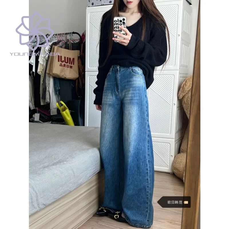 

High Waisted Washed Wide Leg Jeans for Women Large Size Retro Loose Straight Leg Mop Denim Pants Female Jean Trousers