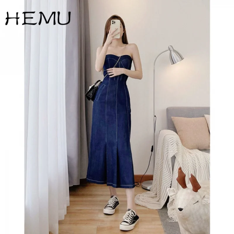Hemu Sexy Tube Top Denim Dress women Summer Long Dress 2021 Summer New Elegant Slim Slimming Hot Girl midi length Dress 
Hemu Sexy Tube Top Denim Dress women Summer Long Dress 2021 Summer New Elegant Slim Slimming Hot Girl midi length Dress