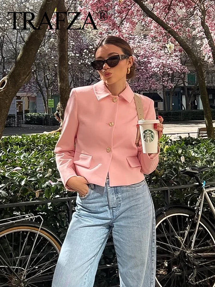 

TRAFZA 2024 Spring Coats Woman Trendy Pink Turn-Down Collar Long Sleeves Pockets Single Breasted Female Fashion Casual Blazers