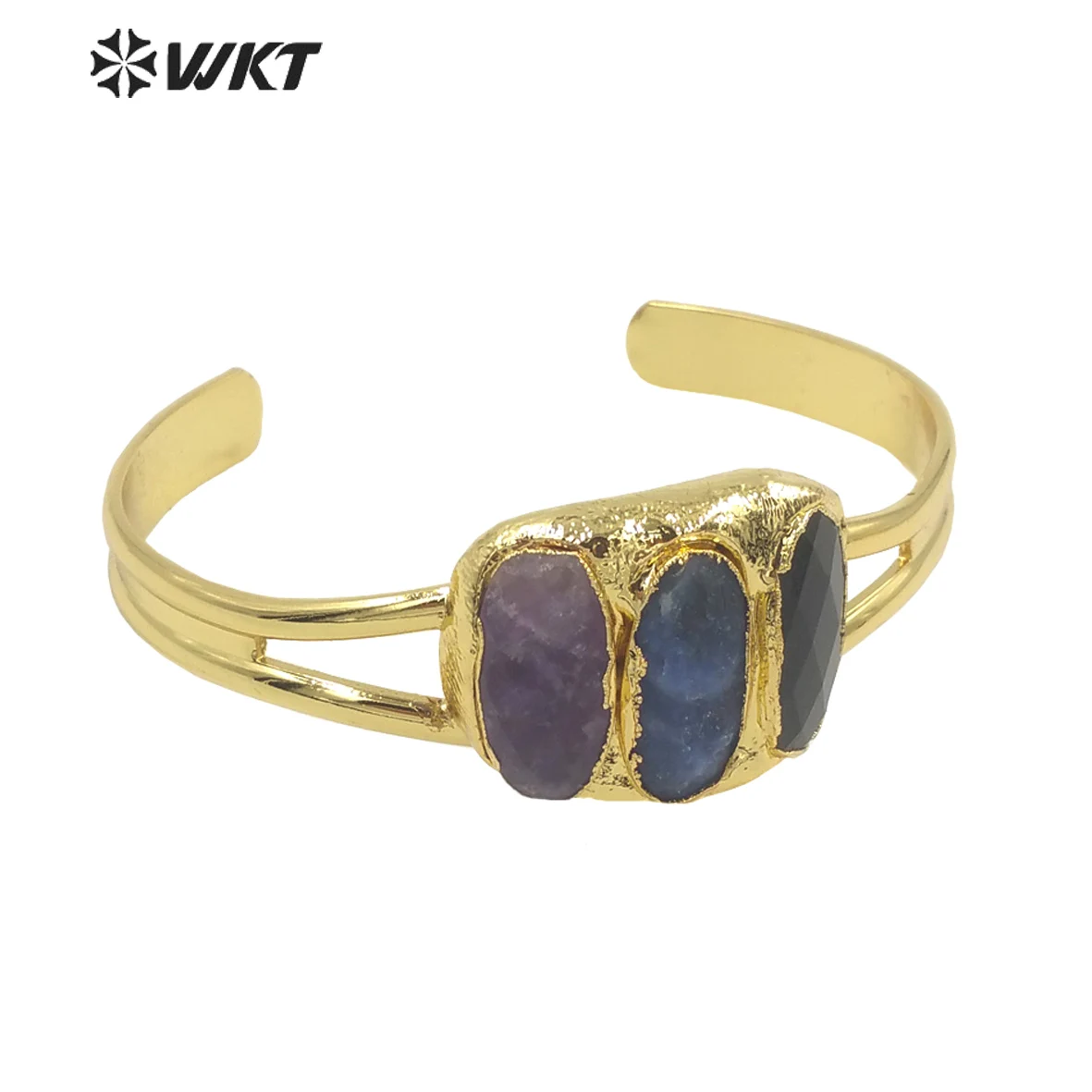 

WT-B609 Newest WKT exclusive fashion gold electroplated triple stone cuff bangle women charming natural stone bangle for friends