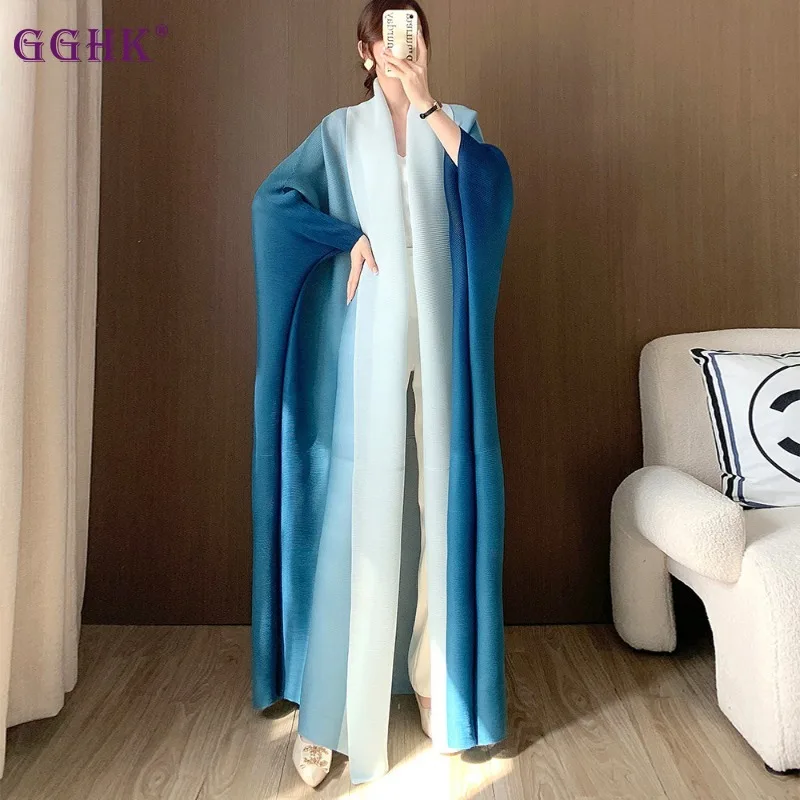 

GGHK Miyake Pleated Women Large Size Trench Flip Lapel Long Sleeve Cardigan Vintage Design 2024 Spring New Female Luxury Robe