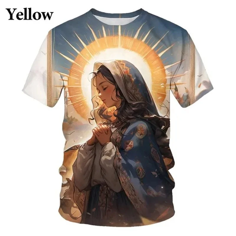 

New Summer 3D Virgin Mary Christian Print T Shirt The Mother Of Jesus Graphic Short Sleeves Fashion Streetwear T-shirts For Men