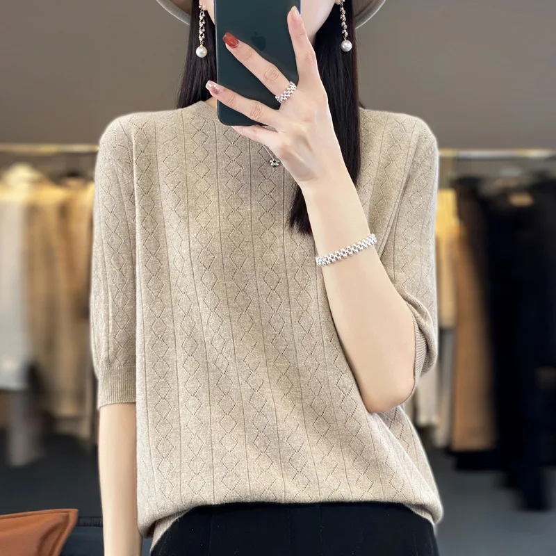 

Women's Half Sleeve Wool Blend Tees, Half Sleeve Tops, Short Pullover, Diamond Shaped, Hollowed Out, Slimming Sweater, Summer