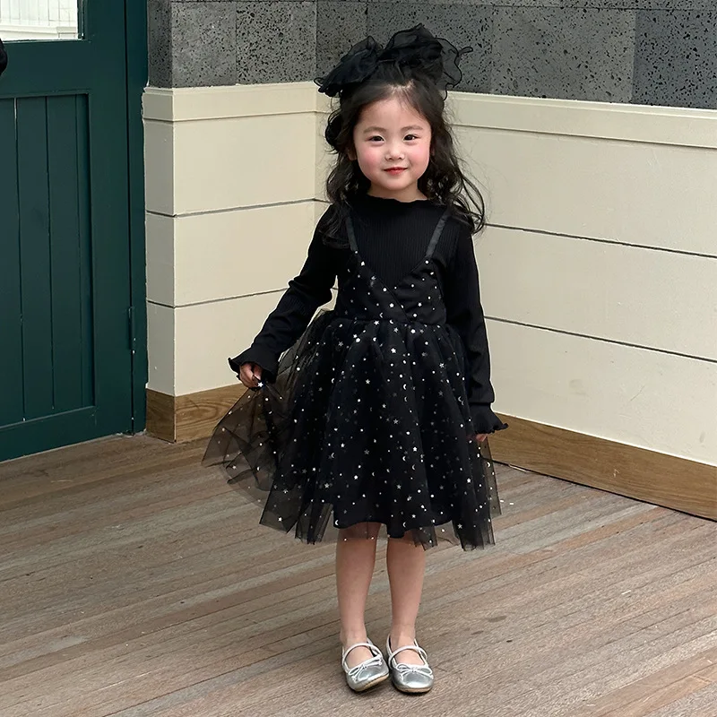 

2024 Spring Autumn Kids Girls Dress Cotton Spliced Sequins Long Sleeve Toddler Girls Puffy Dress Baby Girls Princess Dress