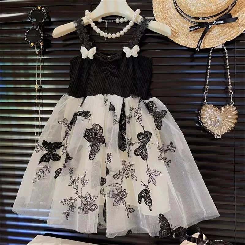 

Baby Girl Princess Dress Summer New Design Feel Spliced Bra Butterflies Embroidered Waist Wrapped Mesh Sling Dress for Children