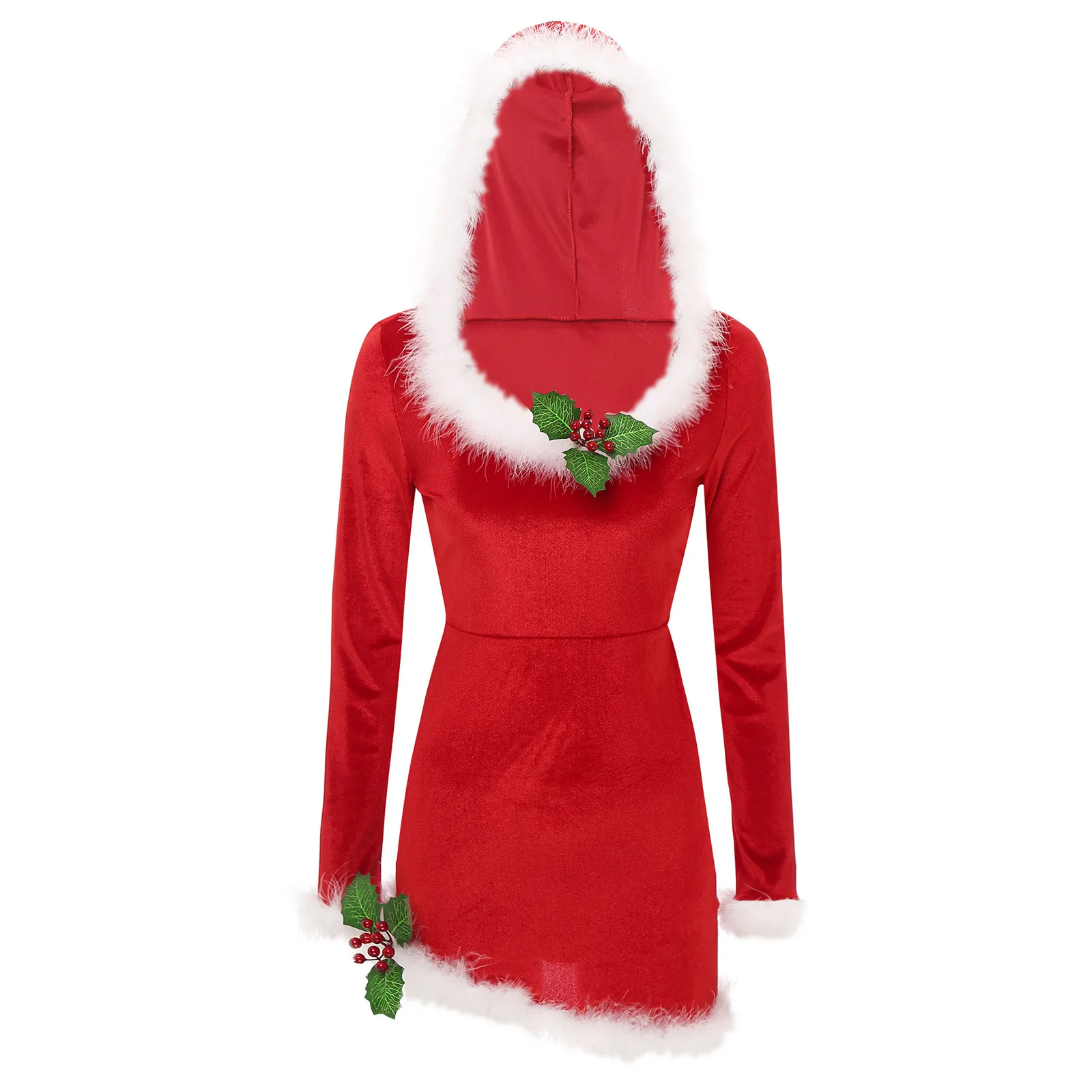 

Women Christmas Santa Claus Cosplay Costume Long Sleeve Feather Trim Velvet Hooded Dresses Xmas New Year Party Clothes Clubwear