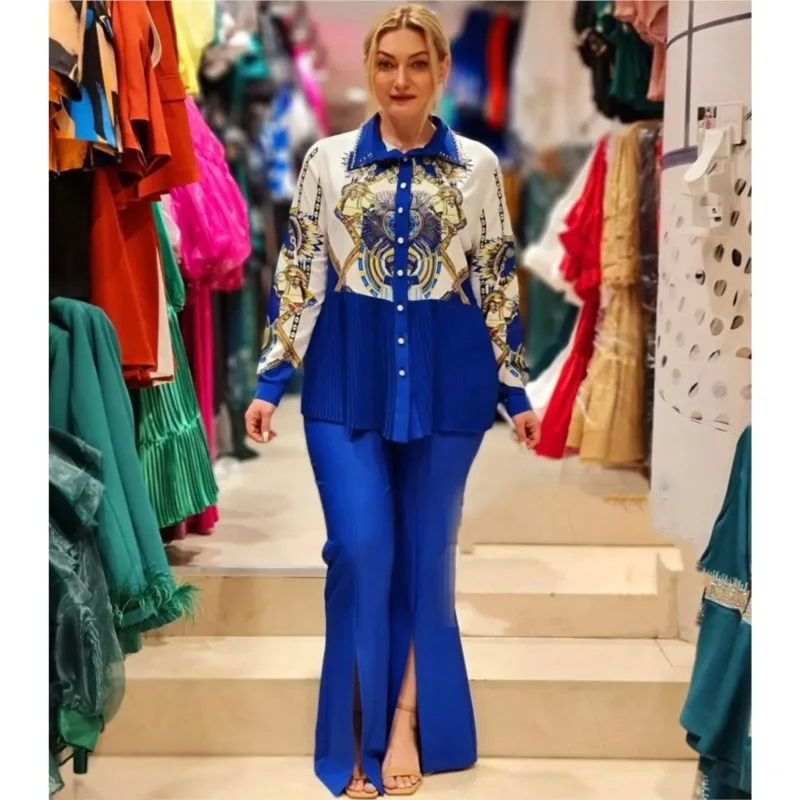 Two 2 Piece Women's Set Spring Autumn Printed Pleated Long Sleeved Shirt Blouse Solid Slit Trousers Suit Office Lady Outfits
Two 2 Piece Women's Set Spring Autumn Printed Pleated Long Sleeved Shirt Blouse Solid Slit Trousers Suit Office Lady Outfits