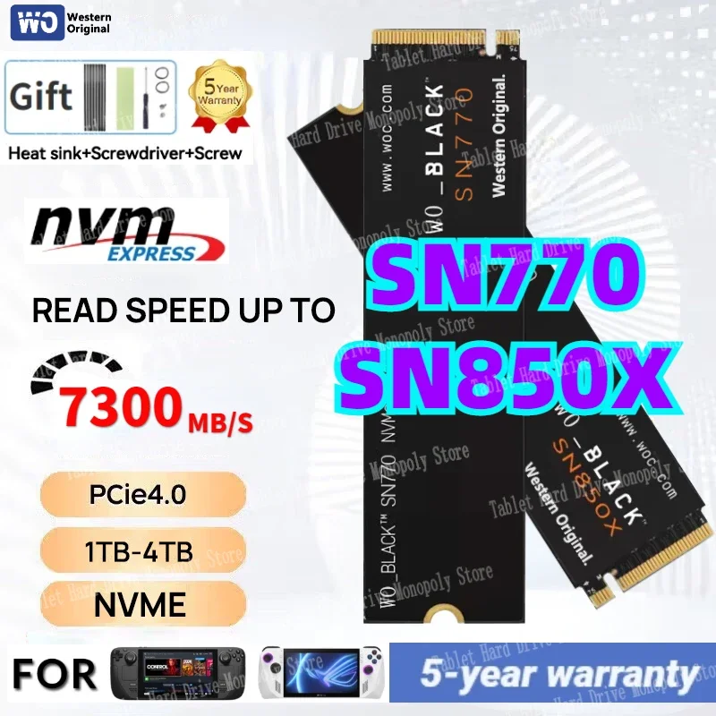 

Western Original DW-BLACK SN850X 4TB 2TB 1TB M.2 2280 SSD SN770 Gen4 PCIe NVMe Internal Gaming SSD with Heatsink Works with PS5