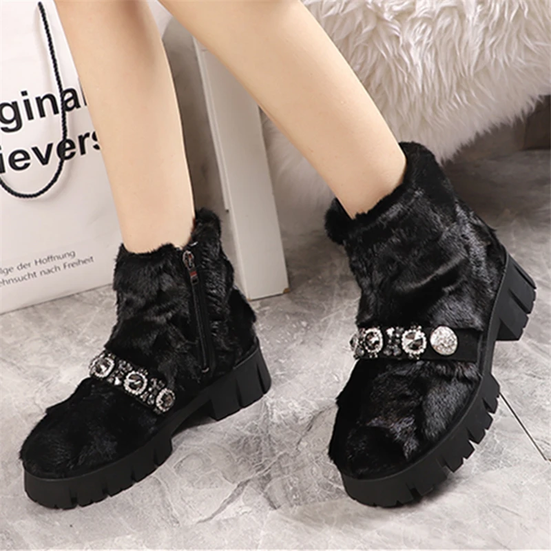 

Black Mink Fur Women Furry Botines Mujer Chunky Heels Platform Shoes Short Booties Winter Warm Botas Femininas Snow Fur Boots