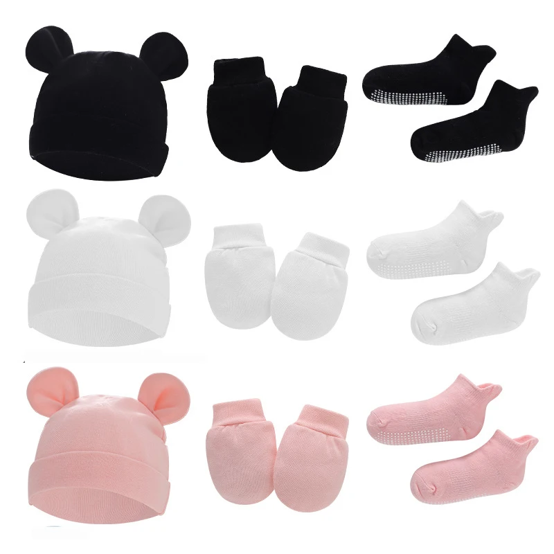 

3PCS Newborn Hat Gloves Nonslip Socks Set Cute Ears Baby Beanie Infant Bonnet Cotton Toddler Cap Kids Accessories New Born Gift