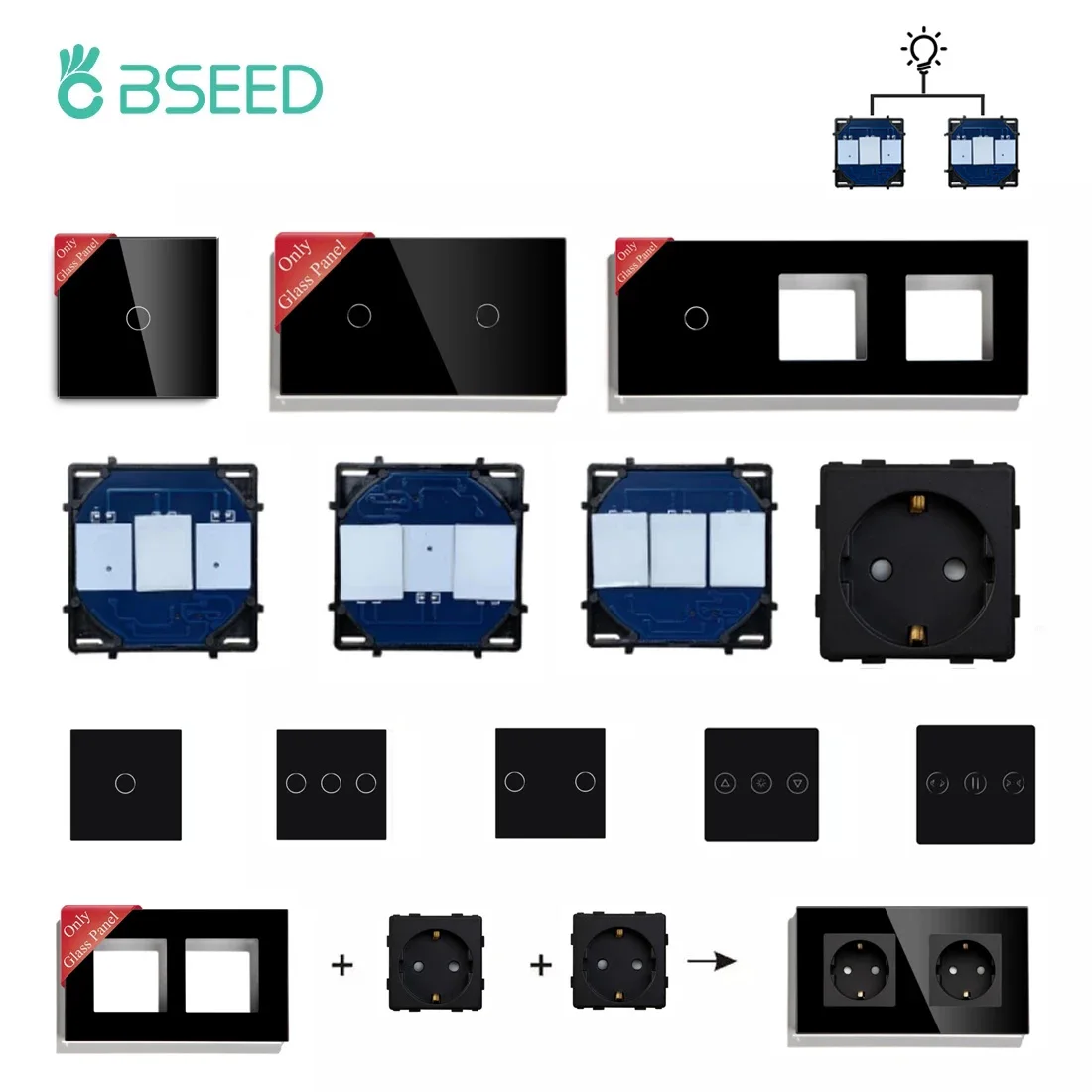 

BSEED Wall Touch Switch 1/2/3Gang 1/2Way Light Switch Dimmer Function Parts Glass Panel Frames EU Wall Sockets DIY Parts Only