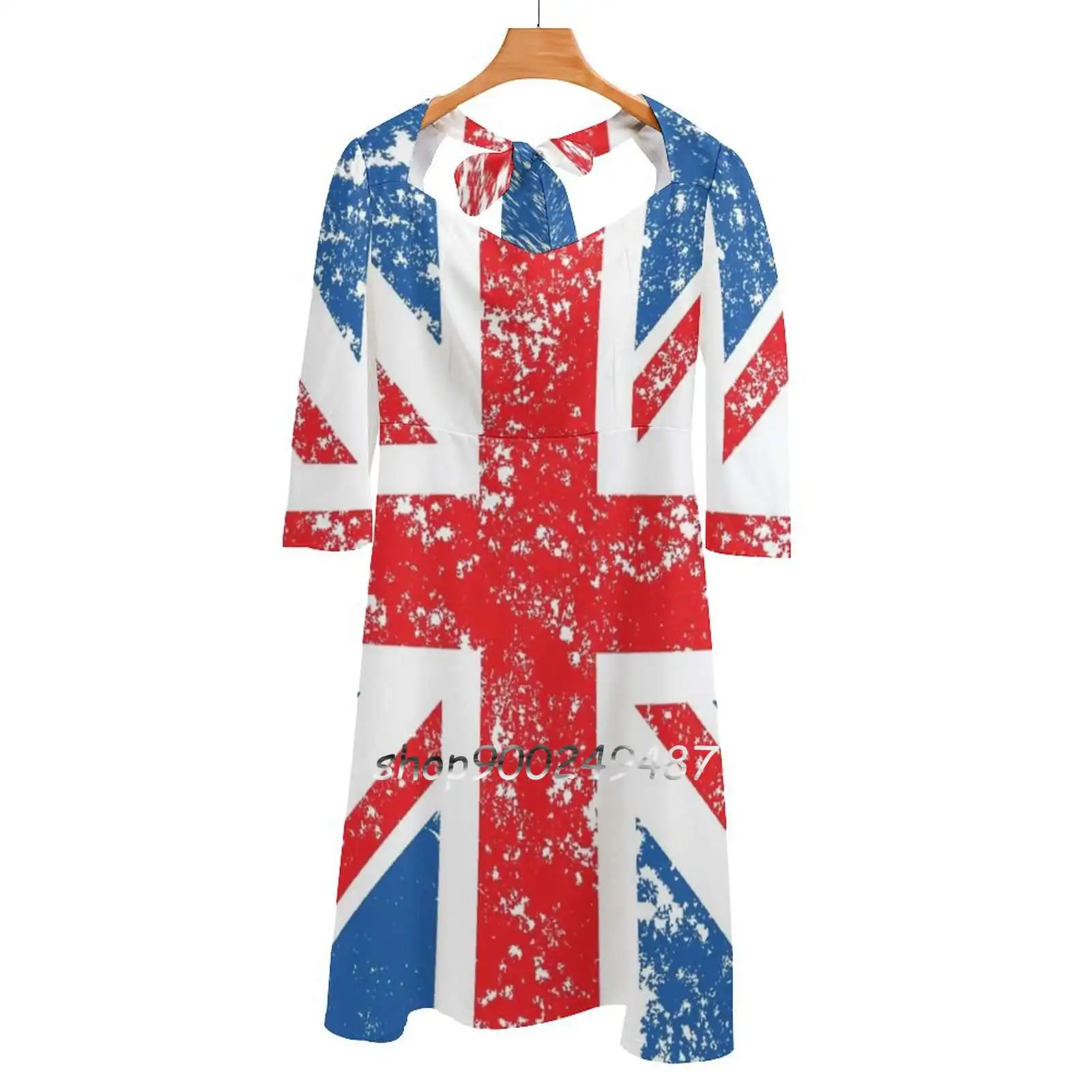 

Distressed Effect Union Jack / Flag Square Neck Dress New Plus Size Elegant Women Waist Tight Dress Distressed Union Jack