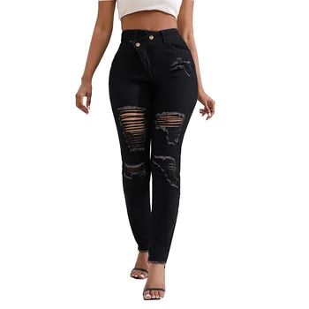 Jeans Blue Flared de Cintura Alta: Um Essencial Elegante e Confortável 12 2024 New High Waist Diagonal Button Design Ripped Jeans For Women Fashion Stretch Slim Denim Pencil Pants Skinny Trousers XS-2XL