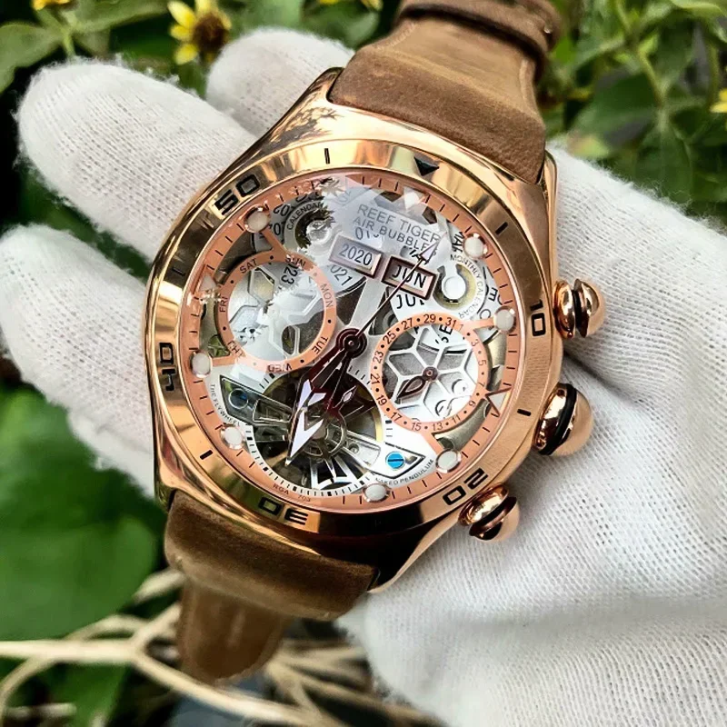 

Reef Tiger Men's Skeleton Automatic Mechanical Wristwatch 50m Waterproof Tourbillon Calendar Week Display Leather Luxury Watch