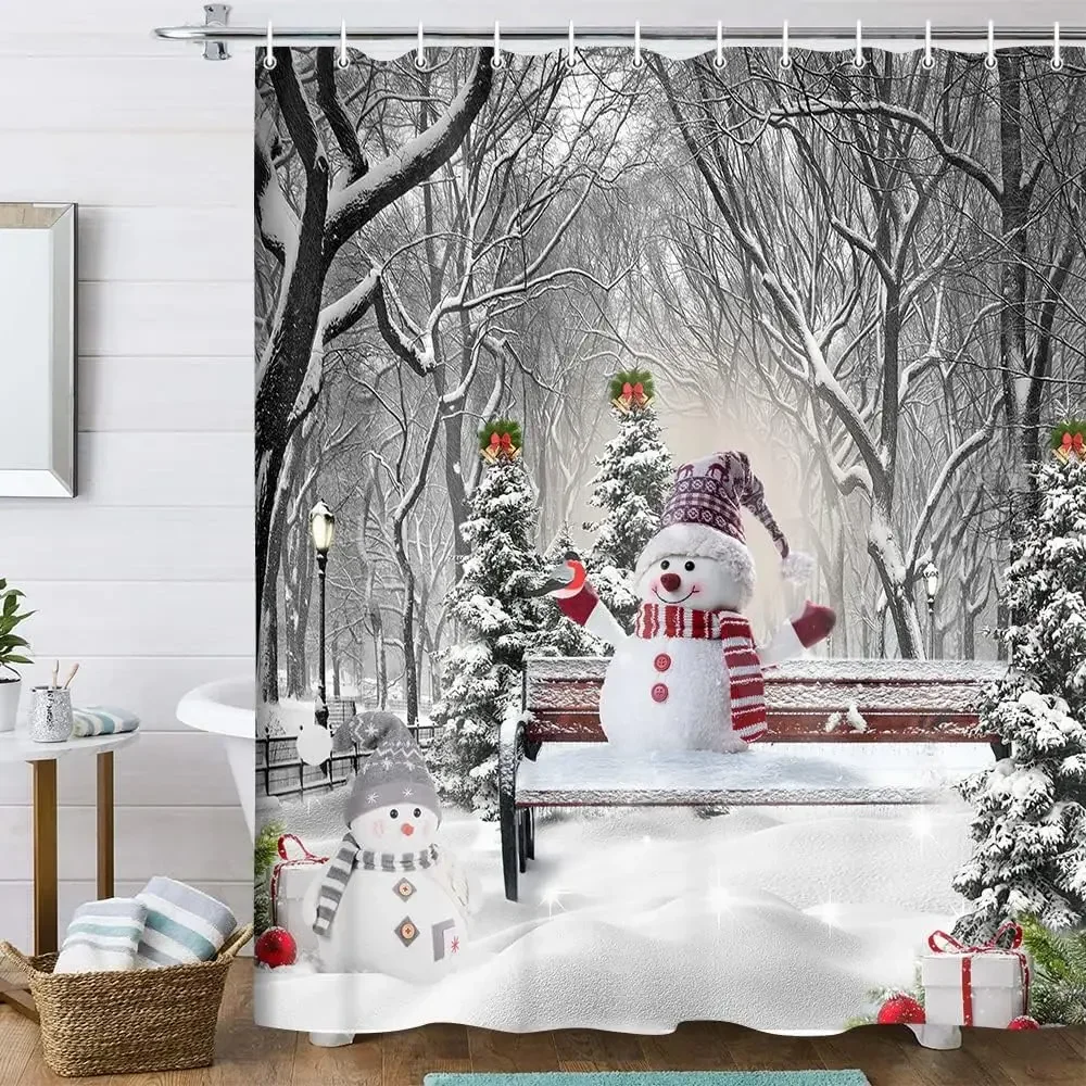 

Winter Christmas Shower Curtains Cute Snowman Xmas Trees Forest Park Snow Scene Wall Hanging New Year Home Bathroom Decor Fabric