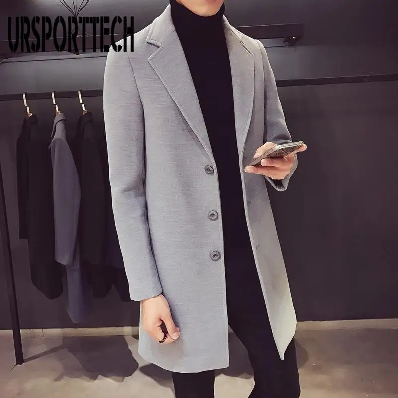 

Men Long Cotton Coat Autumn Winter New Wool Blend Pure Color Casual Business Fashion Slim Windbreaker Jacket Men Clothing