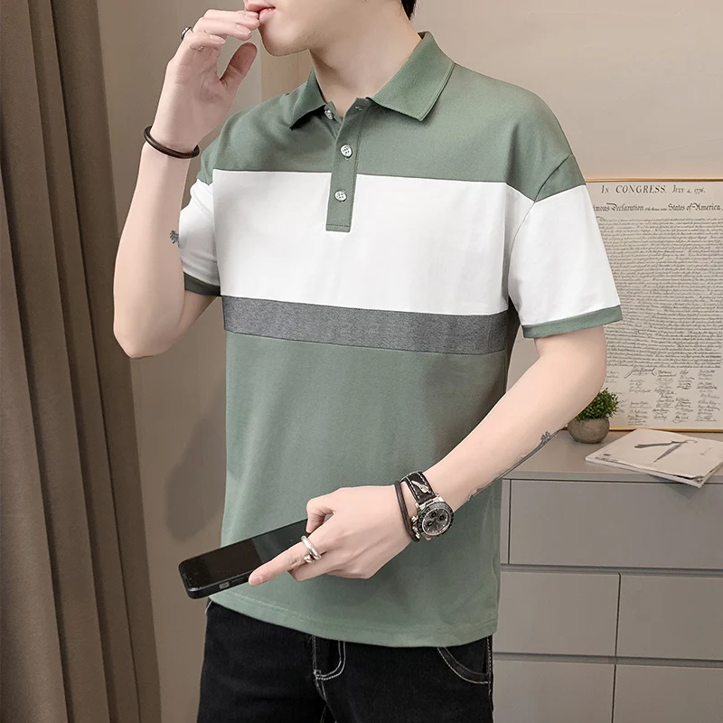 

Fashion Lapel Button Spliced Korean Striped Polo Shirts Men Clothing 2024 Summer New Loose All-match Tops Casual Tee Shirt