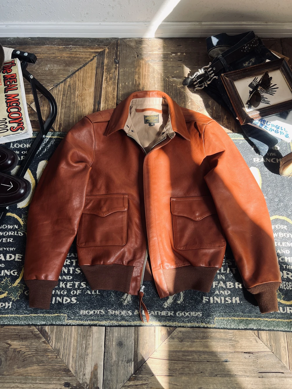 

Tailor Brando American Vintage A2 Bomber Jacket Contract Number 27752 Oiled Waxed Cowhide Real Leather Jacket