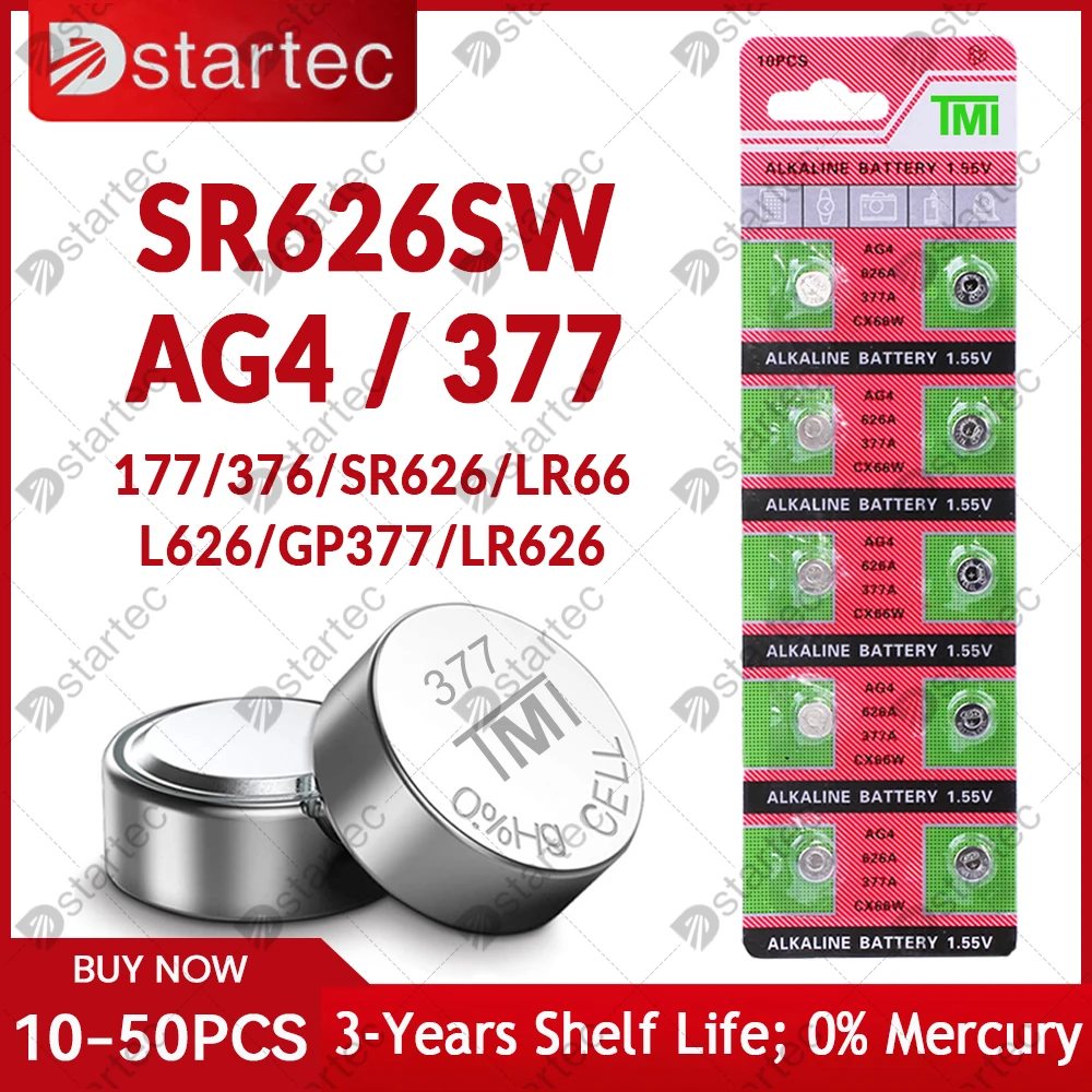 

10PCS-50PCS 1.55V AG4 377 Button Batteries SR626SW SR626 Cell Coin Alkaline Battery 177 376 626A LR66 LR626 For Watch Toys Clock