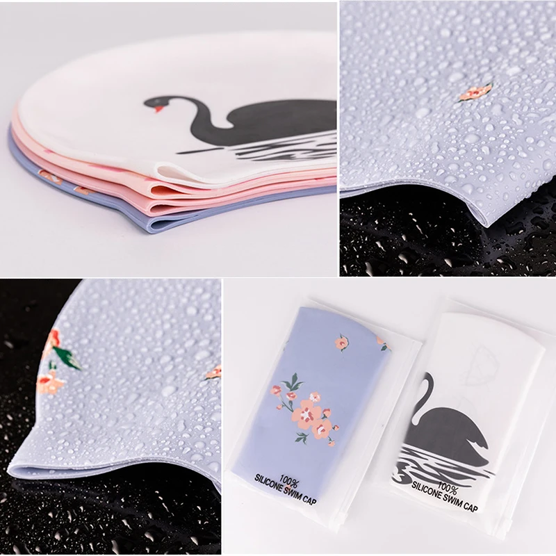 

Cartoon Print Silicone Swimming Cap Women Men Waterproof Long Hair Ears Protect Swim Caps for Girls kids Children Swan flamingo