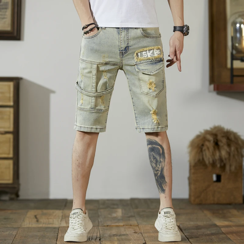 

Summer New Men's High-End Denim Shorts Fashion Ripped Fifth Pants Fashion Brand Slim Fit Patchwork Stretch Motorcycle Pants