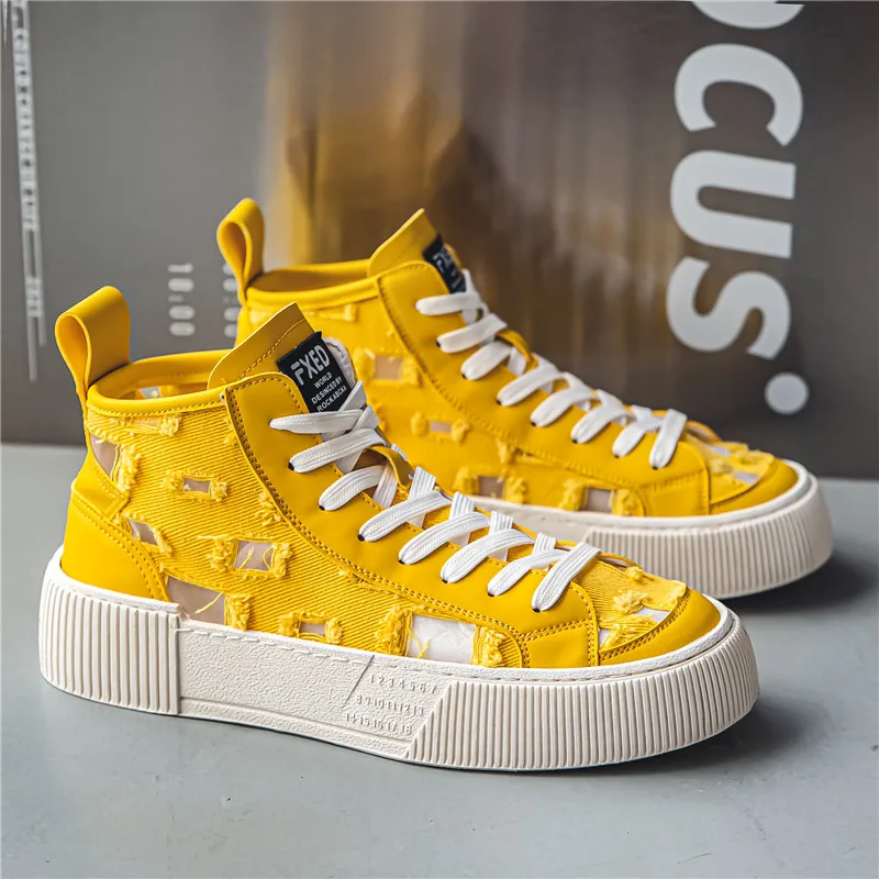

Summer Canvas High Top Sneakers Men Fashion Yellow Platform Men's Skateboard Shoes Hollow Breathable Casual Vulcanized Shoes Men