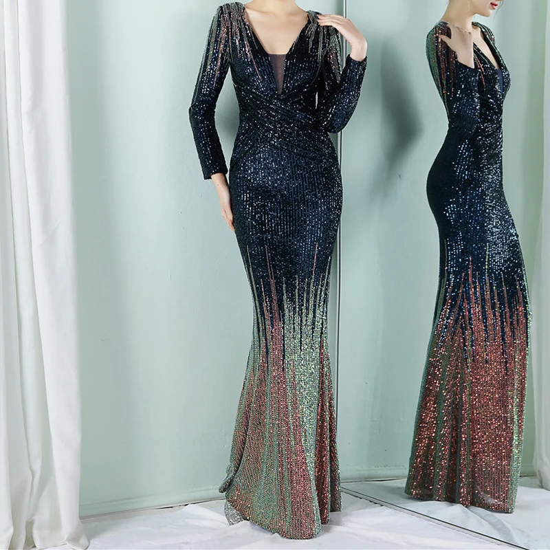 Женское вечернее платье с длинным рукавом, V-образным вырезом 
Женское вечернее платье с длинным рукавом, V-образным вырезом