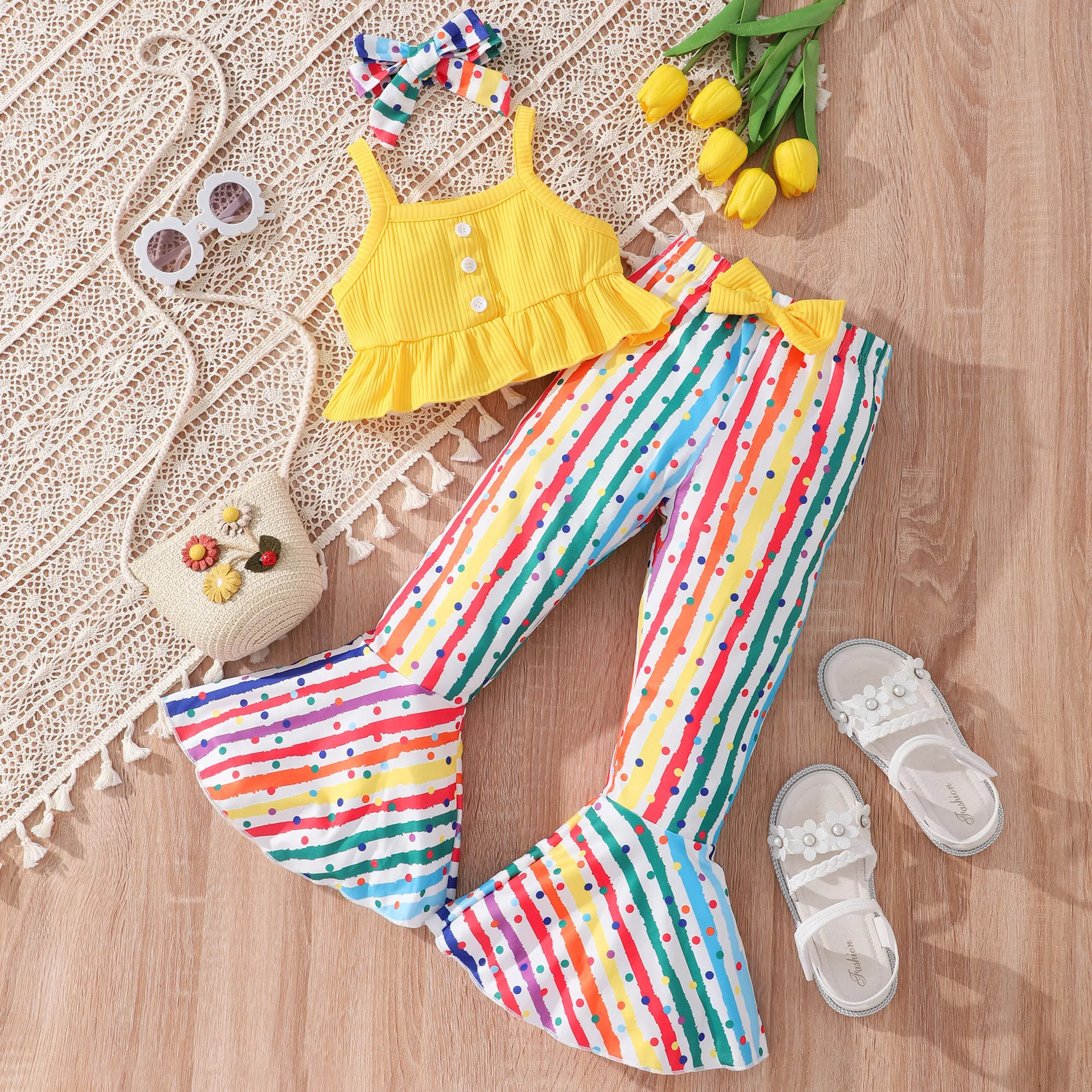 

New Kids Girls Summer Clothes Outfits Sleeveless Tank Tops Buttons + Stripes Bell-bottoms Pants + Headband 3 PCS Sets for 1-7Y