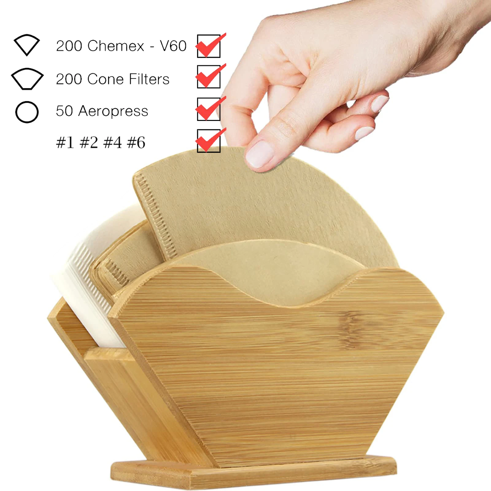 

Бамбуковый держатель для фильтра для кофе, коробка для хранения V-образной веерообразной формы, квадратные бумажные фильтры, стандартная для бумаги 100 шт.