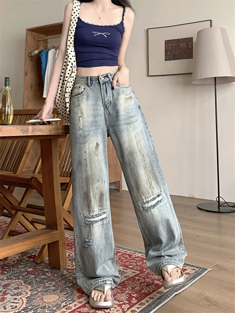 

Women's Grinding Worn-out Vintage Jeans Street Style Baggy Bottoms Young Girl Casual Trousers Female Distressed Wide Leg Pants