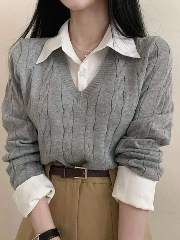 Korean Autumn Knitted Pullover Women Preppy Style Fake Two Piece Sweater Fashion Long Sleeve Top Female Elegant Patchwork Shirt
Korean Autumn Knitted Pullover Women Preppy Style Fake Two Piece Sweater Fashion Long Sleeve Top Female Elegant Patchwork Shirt