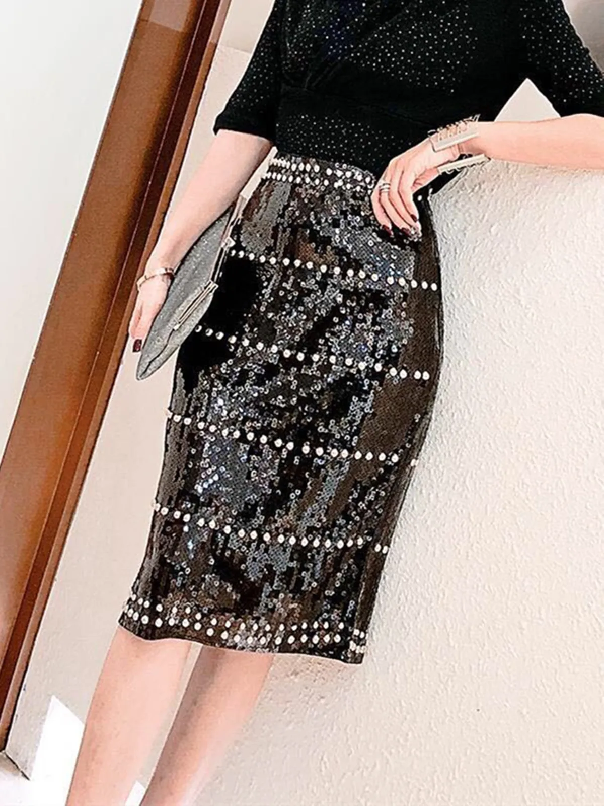 

Women Vintage Sequined Middle Skirt Sequins Beading Bodycon Rivet Skirt Black Bling Auturn Slit Skirt Shiny Korean Fashion