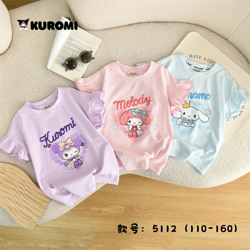 

2024 My Melody Girls Printed T-Shirt Sanrio Kawaii Anime Kuromi Cinnamoroll Kid Short Sleeve Top Summer Sweet Cute Babys Clothes