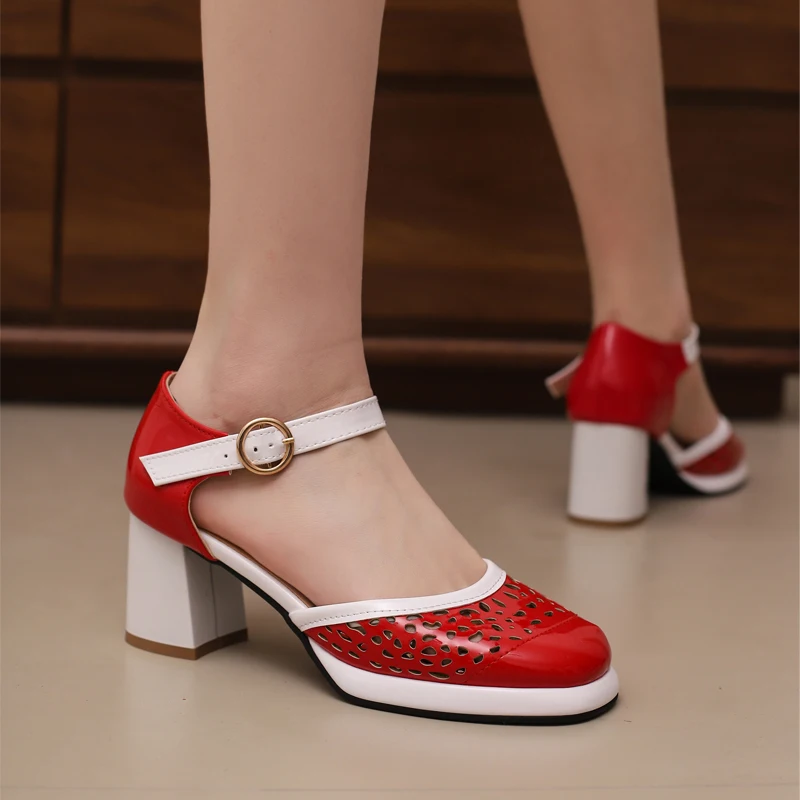 

Spring Summer New Patent Leather Covered Toe Mary Jane Shoes Womens Sweet Platform Ankle Strap Hollow Cutout High Heels Pumps 48