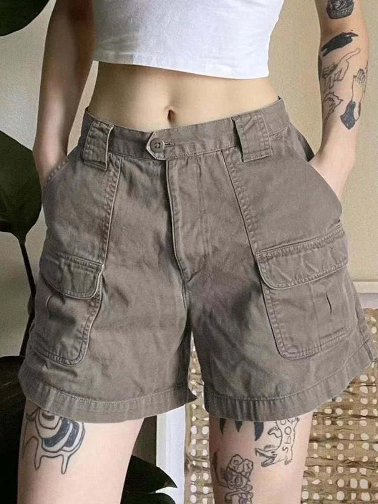 

HOUZHOU Y2k Vintage Streetwear Cargo Denim Shorts Women American Retro Harajuku Solid Loose Jeans Casual Pocket 2024 Summer Chic