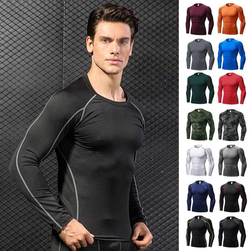 

Men Long Sleeve Shirt Quick Dry Gym Running T Shirts Compression Sport Fitness Top Elastic Bodybuilding Training Football