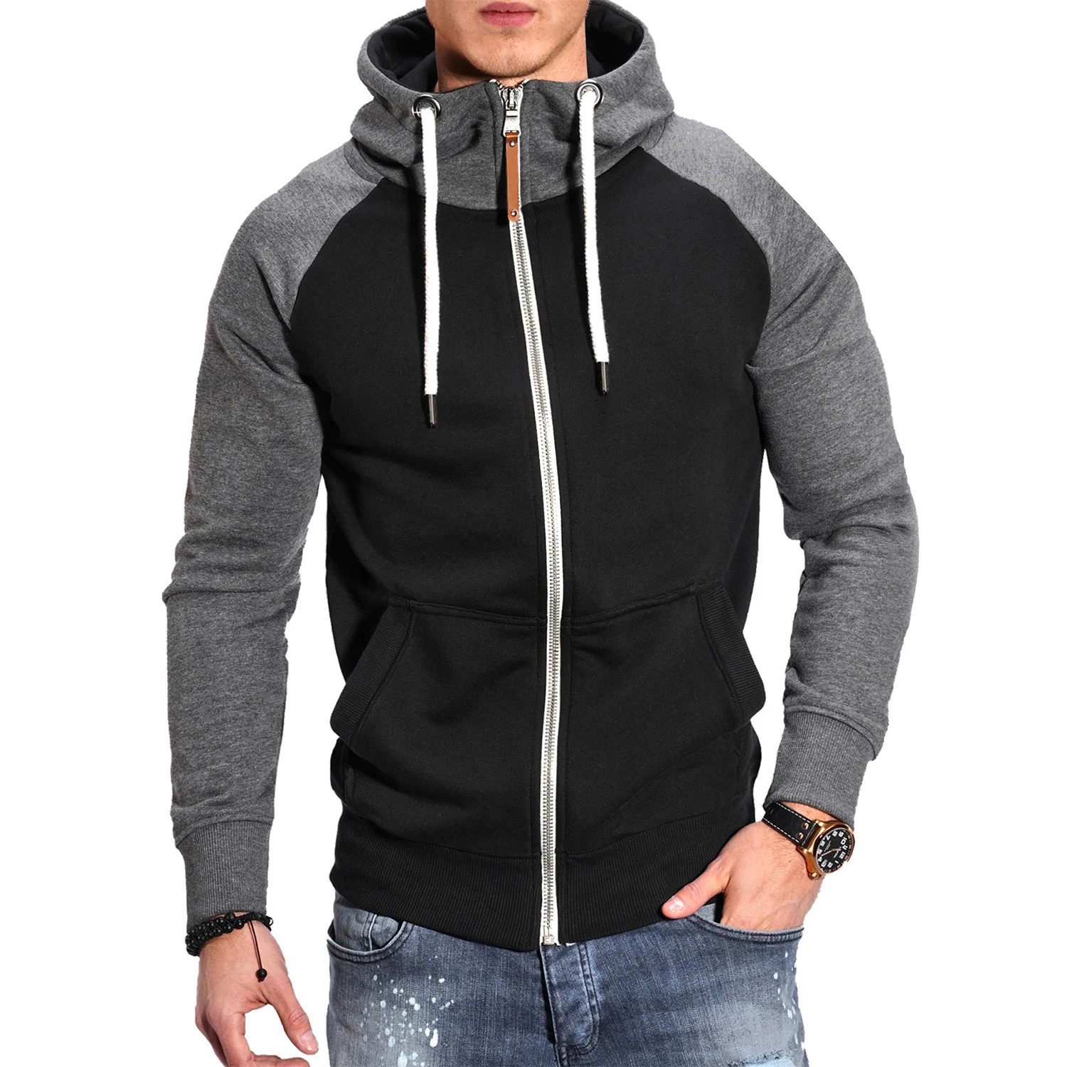 

Men's Athletic Hoodie | Fashion Color Block & Zip-Up Design | Raglan Sleeve Varsity Sweatshirt | Casual Fitness Essential