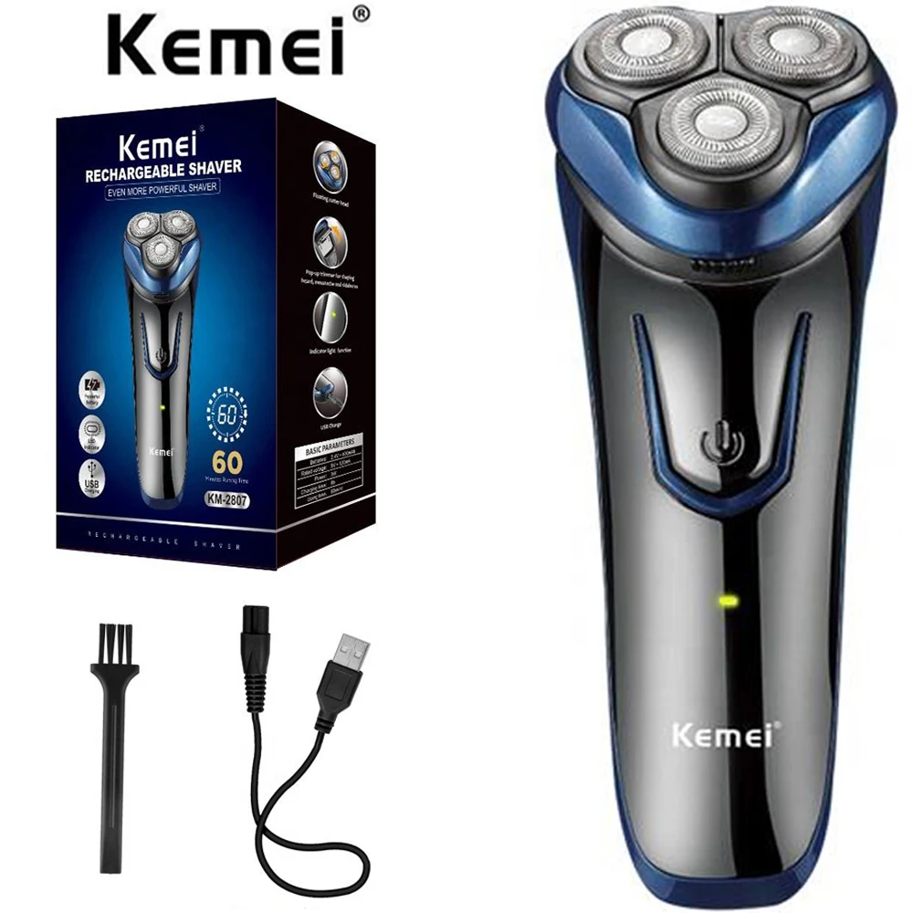 

Kemei Rechargeable Men's Shaving Cordless Rotary Wet Dry Shaver Three Head Floating Razor Electric Shavers KM-2807