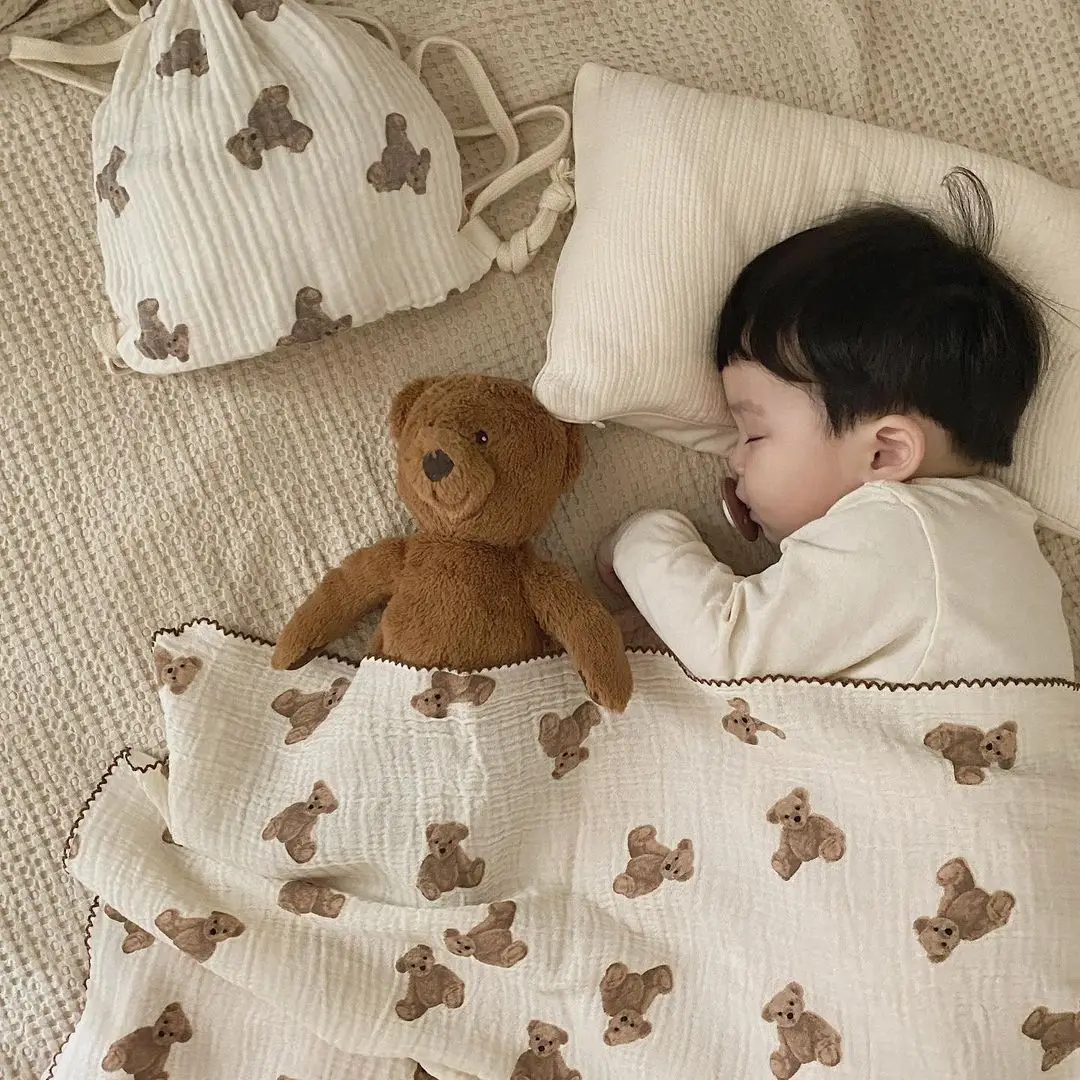 

2 Layers Baby Blankets Bear Print Cotton Gauze Muslin Swaddle Wrap Newborn Infant Girls Boys Bedding Sleeping Blanket Accessory