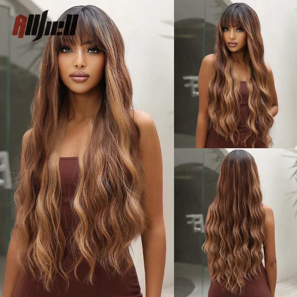Синтетические коричневые парики Омбре для чернокожих женщин, длинные вьющиеся смешанные цветные парики с челкой, термостойкие волосы для косплея 
Синтетические коричневые парики Омбре для чернокожих женщин, длинные вьющиеся смешанные цветные парики с челкой, термостойкие волосы для косплея