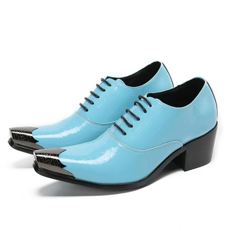 

Italian Style Blue Oxford Shoes Patent Leather Men Business Office Leather Shoes Wedding Party Gentleman High Heel Dress Shoes