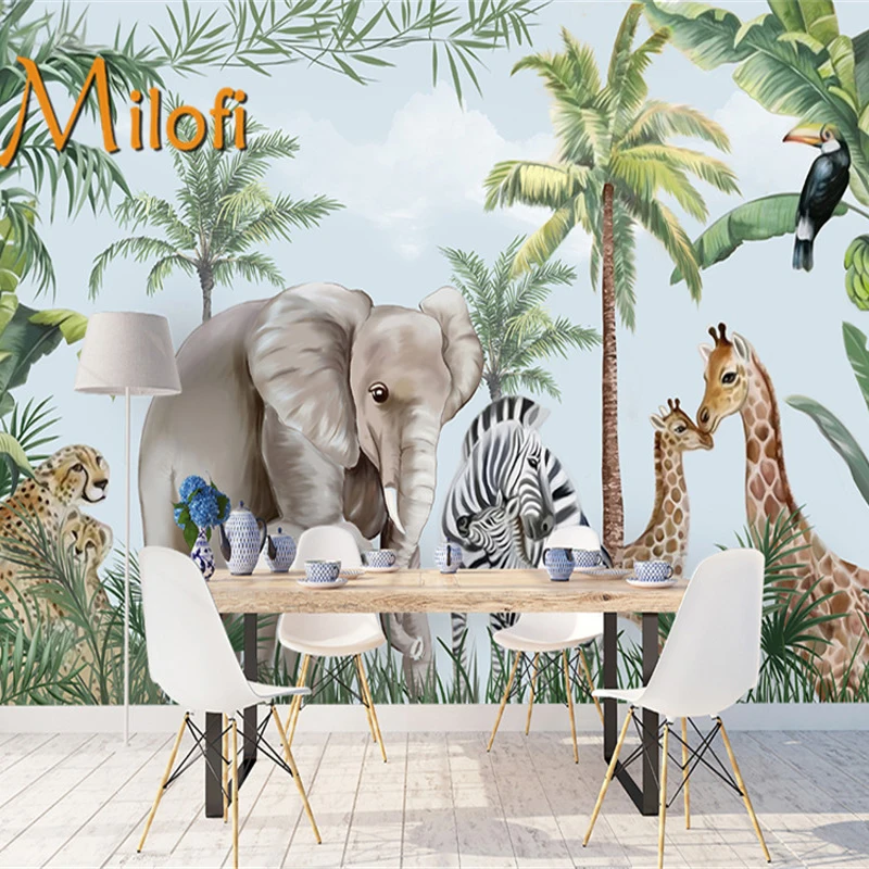 

Milofi self-adhesive wall wallpaper Palm Tree Tropical Leaves Papel De Parede Kids Room Jungle Nursery 3d Cartoon Background