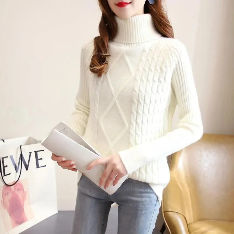 

Women's Korean Twist Turtleneck Sweater, Knitted Top, Base Shirt, Thicken, Warm, Solid Color, Outside Wear, Autumn, Winter, New