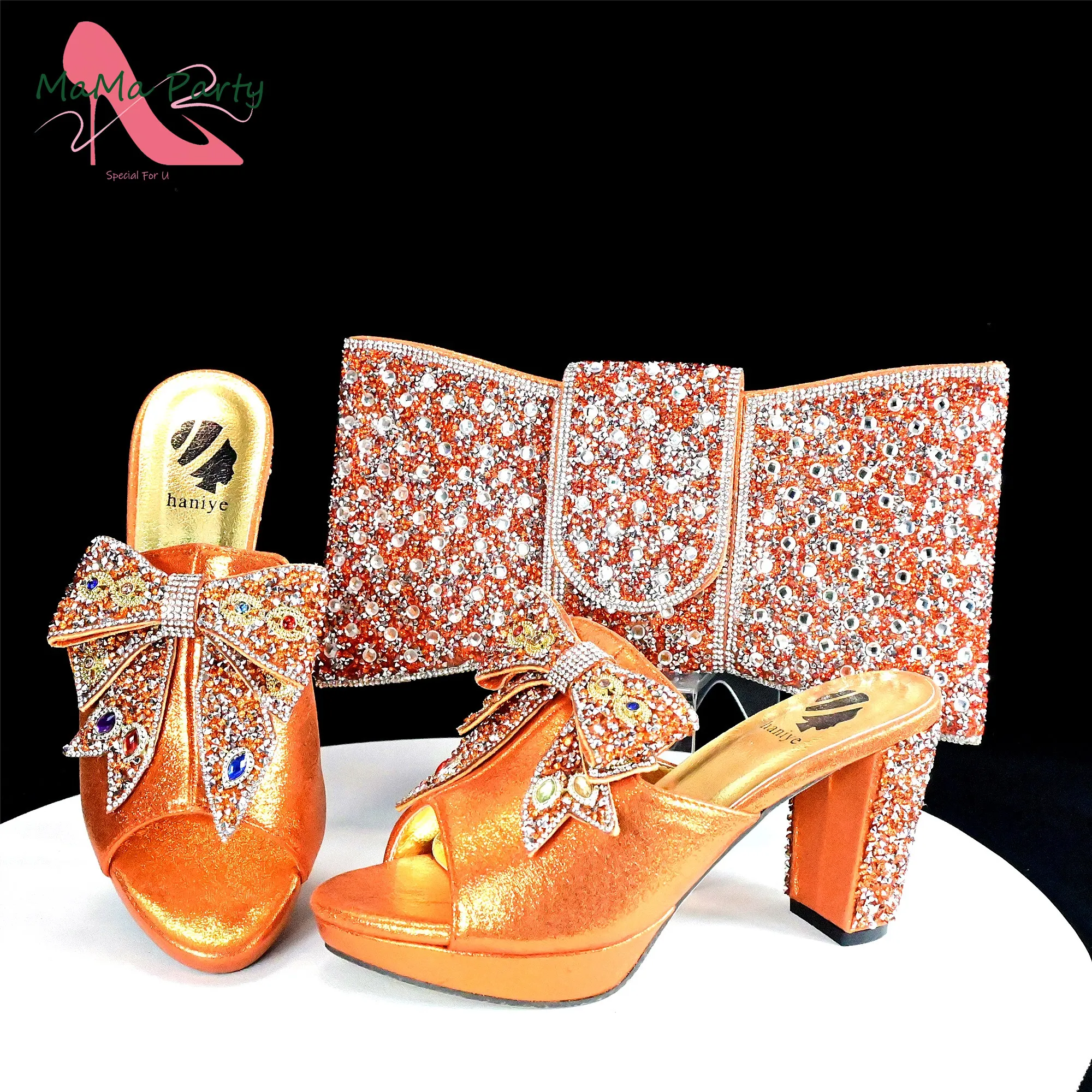 

Orange New Design African Women Shoes Matching Bag Set High Quality Italian Design Super High Heels Slipper for Wedding Party