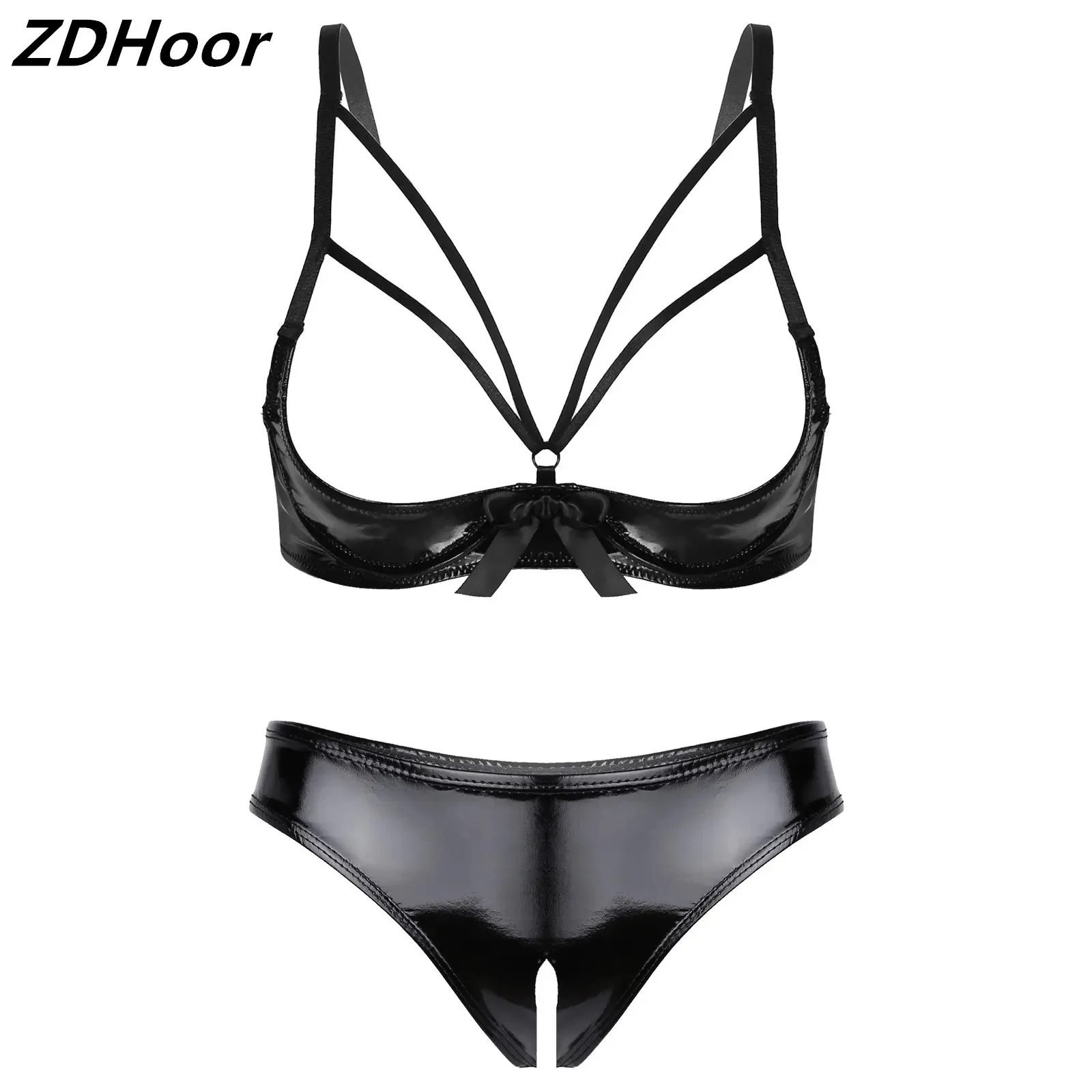 Womens Wet Look Patent Leather Lingerie Set Underwear Strappy Open Cup Bowknot Underwired Bra Tops with Crotchless Briefs
Womens Wet Look Patent Leather Lingerie Set Underwear Strappy Open Cup Bowknot Underwired Bra Tops with Crotchless Briefs